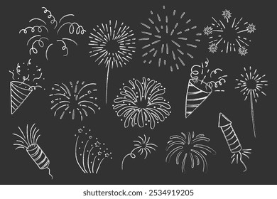 Fireworks and rocket, salute with burst, light and festive explosions chalk in doodle style. Hand drawn sparks, firecracker on white background. Party, celebrations, event.