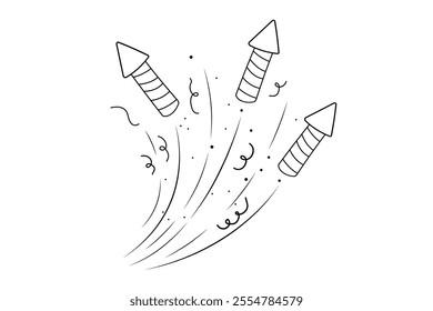 Fireworks and rocket, salute firecracker with burst, light and festive explosions in doodle style. Hand drawn sparks, firecracker on white background. Party, celebrations, event.