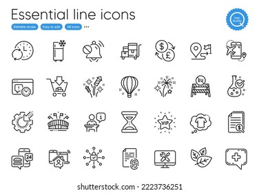 Fireworks rocket, Security lock and Time line icons. Collection of Eu close borders, Refrigerator, Inventory cart icons. Shopping, Work home, Food app web elements. Medical chat. Vector