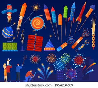 Fireworks rocket set, festive mood in night city, bright multicolored explosion anniversary, cartoon style, vector illustration.