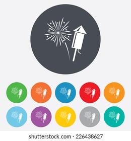 Fireworks with rocket sign icon. Explosive pyrotechnic symbol. Round colourful 11 buttons. Vector