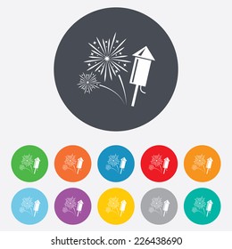 Fireworks with rocket sign icon. Explosive pyrotechnic symbol. Round colourful 11 buttons. Vector