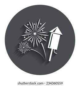 Fireworks with rocket sign icon. Explosive pyrotechnic symbol. Gray flat button with shadow. Modern UI website navigation. Vector