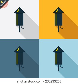 Fireworks rocket sign icon. Explosive pyrotechnic device symbol. Four squares. Colored Flat design buttons. Vector
