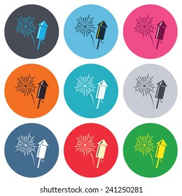 Fireworks with rocket sign icon. Explosive pyrotechnic symbol. Colored round buttons. Flat design circle icons set. Vector