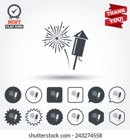 Fireworks with rocket sign icon. Explosive pyrotechnic symbol. Circle, star, speech bubble and square buttons. Award medal with check mark. Thank you ribbon. Vector
