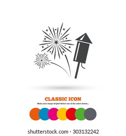 Fireworks with rocket sign icon. Explosive pyrotechnic symbol. Classic flat icon. Colored circles. Vector