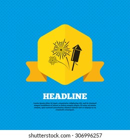 Fireworks with rocket sign icon. Explosive pyrotechnic symbol. Yellow label tag. Circles seamless pattern on back. Vector