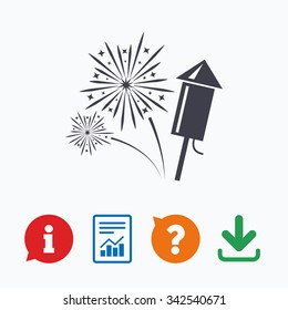 Fireworks with rocket sign icon. Explosive pyrotechnic symbol. Information think bubble, question mark, download and report.