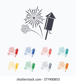 Fireworks with rocket sign icon. Explosive pyrotechnic symbol. Colored flat icons on white background.