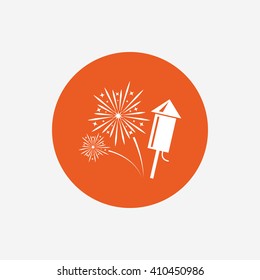 Fireworks with rocket sign icon. Explosive pyrotechnic symbol. Orange circle button with icon. Vector