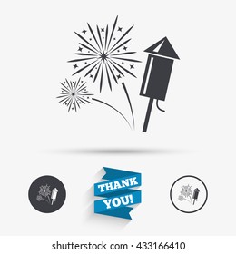 Fireworks with rocket sign icon. Explosive pyrotechnic symbol. Flat icons. Buttons with icons. Thank you ribbon. Vector