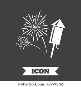 Fireworks with rocket sign icon. Explosive pyrotechnic symbol. Graphic design element. Flat fireworks symbol on dark background. Vector