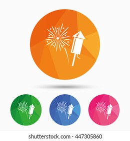 Fireworks with rocket sign icon. Explosive pyrotechnic symbol. Triangular low poly button with flat icon. Vector