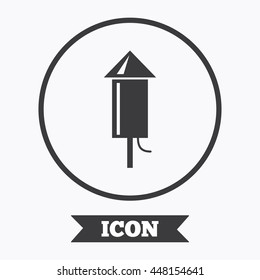 Fireworks rocket sign icon. Explosive pyrotechnic device symbol. Graphic design element. Flat symbol in circle button. Vector