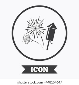 Fireworks with rocket sign icon. Explosive pyrotechnic symbol. Graphic design element. Flat symbol in circle button. Vector
