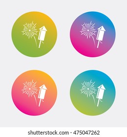 Fireworks with rocket sign icon. Explosive pyrotechnic symbol. Gradient flat buttons with icon. Modern design. Vector