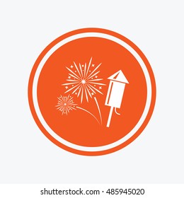 Fireworks with rocket sign icon. Explosive pyrotechnic symbol. Graphic design element. Flat fireworks symbol on the round button. Vector