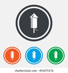 Fireworks rocket sign icon. Explosive pyrotechnic device symbol. Graphic design web element. Flat fireworks symbol on the round button. Vector