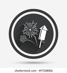 Fireworks with rocket sign icon. Explosive pyrotechnic symbol. Circle flat button with shadow and border. Vector