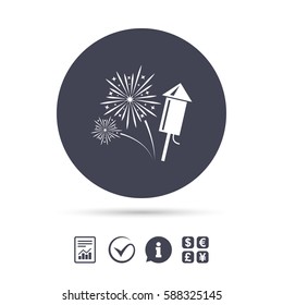 Fireworks with rocket sign icon. Explosive pyrotechnic symbol. Report document, information and check tick icons. Currency exchange. Vector