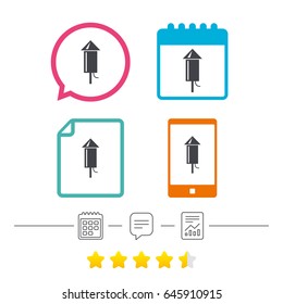 Fireworks rocket sign icon. Explosive pyrotechnic device symbol. Calendar, chat speech bubble and report linear icons. Star vote ranking. Vector