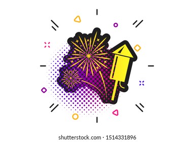 Fireworks with rocket sign icon. Halftone dots pattern. Explosive pyrotechnic symbol. Classic flat fireworks icon. Vector