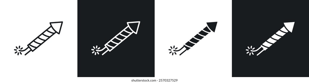 Fireworks rocket signs vectors set in black. line and flat versions