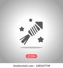 Fireworks rocket with stars. Celebrate icon. Icon under spotlight. Gray background