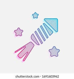 Fireworks rocket with stars. Celebrate icon. Colored logo with diagonal lines and blue-red gradient. Neon graphic, light effect