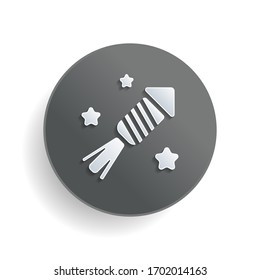 Fireworks rocket with stars. Celebrate icon. White paper symbol on gray round button or badge with shadow