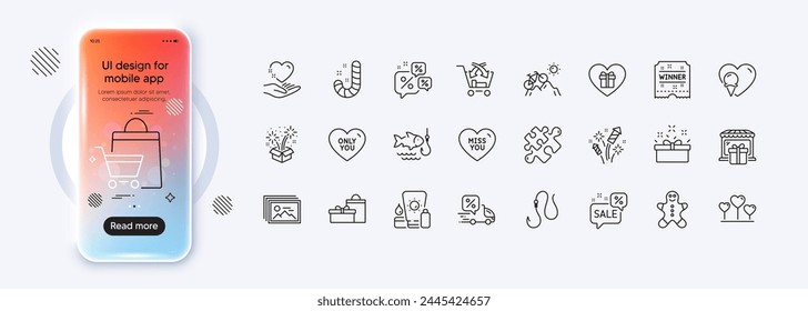Fireworks rocket, Sunscreen and Gift shop line icons for web app. Phone mockup gradient screen. Pack of Only you, Ice cream, Sale bags pictogram icons. Vector