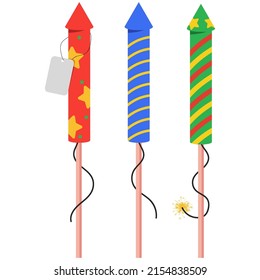 Caricatura vectorial de cohetes de fuegos artificiales aislada en un fondo blanco.