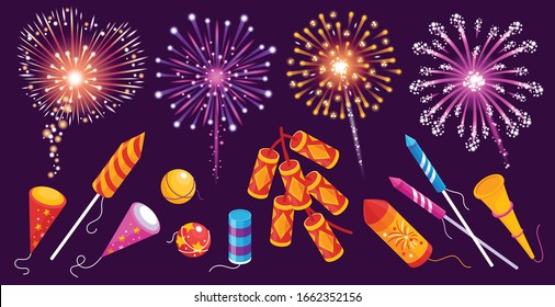 Fireworks rockets firecrackers bengal lights smoke balls sparkles colorful festive set against dark violet background vector illustration 