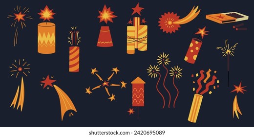Fireworks rockets firecrackers bengal lights. Set Fireworks against dark background vector illustration. Concept for celebration, festival. 