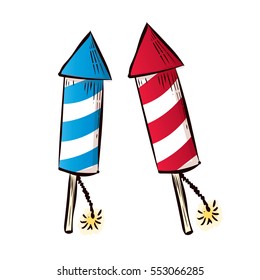 Fireworks rockets. Hand drawn vector illustration.
