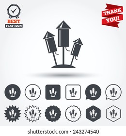 Fireworks rockets sign icon. Explosive pyrotechnic device symbol. Circle, star, speech bubble and square buttons. Award medal with check mark. Thank you ribbon. Vector