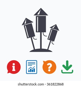 Fireworks rockets sign icon. Explosive pyrotechnic device symbol. Information think bubble, question mark, download and report.