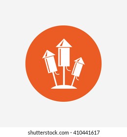 Fireworks rockets sign icon. Explosive pyrotechnic device symbol. Orange circle button with icon. Vector