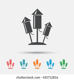 Fireworks rockets sign icon. Explosive pyrotechnic device symbol. Graphic element on white background. Colour clean flat fireworks icons. Vector