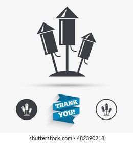 Fireworks rockets sign icon. Explosive pyrotechnic device symbol. Flat icons. Buttons with icons. Thank you ribbon. Vector