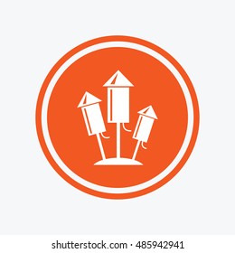 Fireworks rockets sign icon. Explosive pyrotechnic device symbol. Graphic design element. Flat fireworks symbol on the round button. Vector