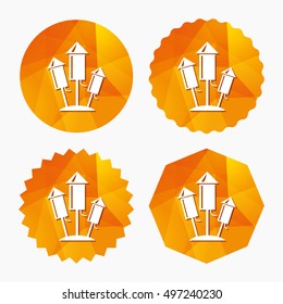 Fireworks rockets sign icon. Explosive pyrotechnic device symbol. Triangular low poly buttons with flat icon. Vector