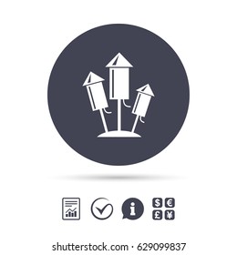 Fireworks rockets sign icon. Explosive pyrotechnic device symbol. Report document, information and check tick icons. Currency exchange. Vector