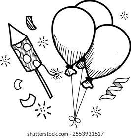 fireworks rockets and some balloons and confetti to celebrate the new year
