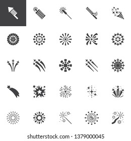 Fireworks rockets vector icons set, modern solid symbol collection, filled style pictogram pack. Signs, logo illustration. Set includes icons as Firework explosion, Bursting Salute Petard, Firecracker