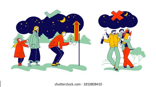 Concepto de seguridad de fuegos artificiales. Forma equivocada y correcta para quemar Petards. Felices Personajes Familiares Disfrutando De La Celebración De La Navidad. Hombres ebrios queman pieles de pepitas en las manos. Ilustración de vectores de personas lineales