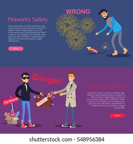 Fireworks safety. Danger deal and wrong usage of pyrotechnics web banner. Man leans to pick up burning firecracker. Man selling cheap and illegal counterfeit to trustful male person. Vector.