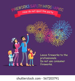 Fireworks safety infographic guide how do not spoil the party. Vector cartoon illustration of happy family looking at sky with bright pyrotechnics and text useful information on violet background