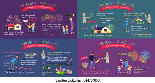 Fireworks safety. Vector comparative poster of wrong and right acting with pyrotechnics in cartoon style. Web banner of people and children using fireworks correctly and improperly and info text